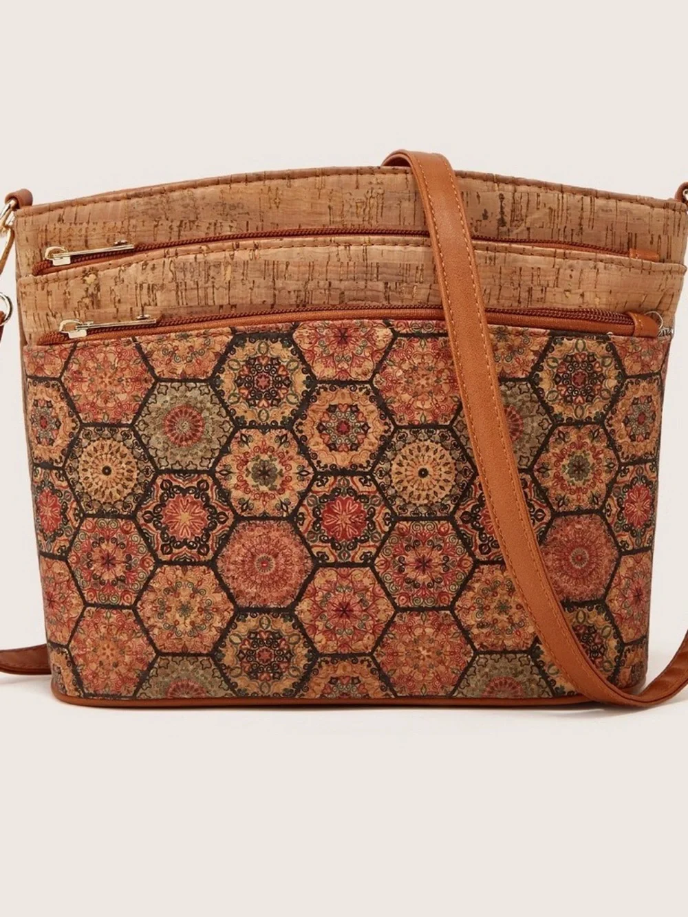 Boho Cork Hexagon Pattern Crossbody Bag Shoulder Bag Floral Design New No Tags